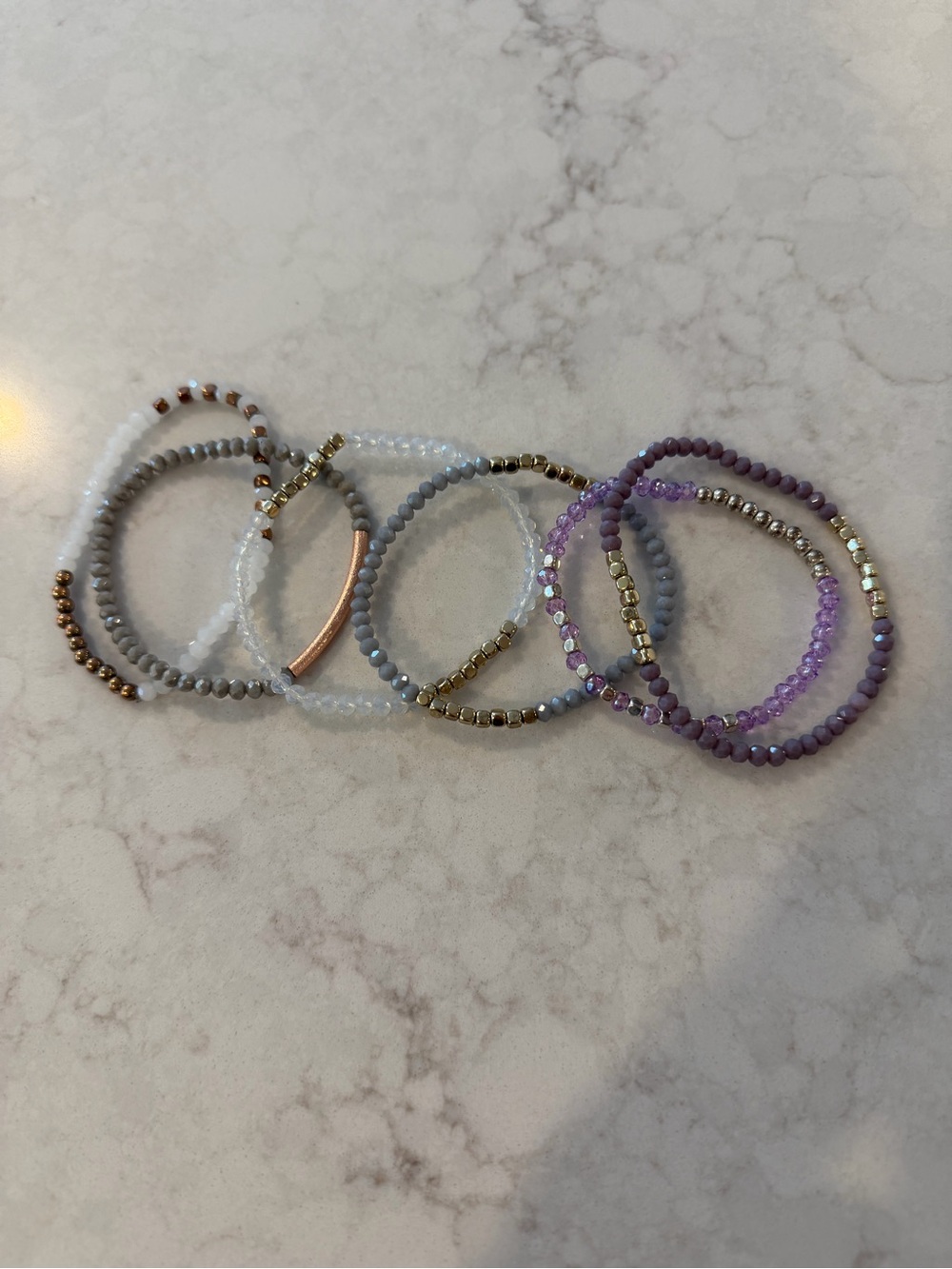 Delicate Beaded Stretch Bracelets - Purple, Gray & White Set